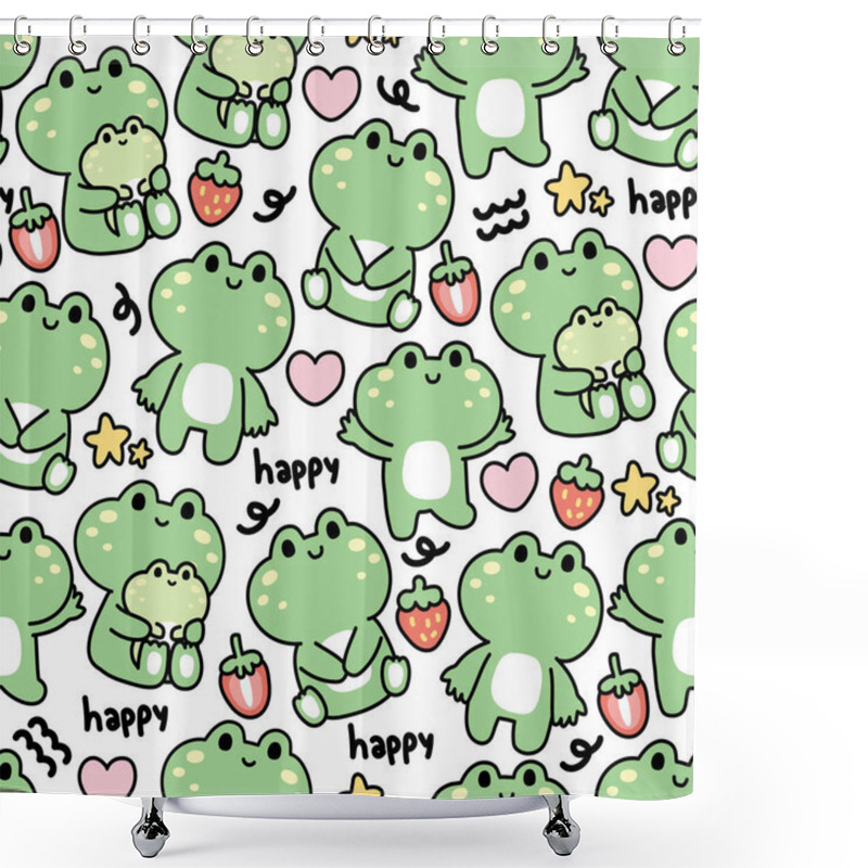 Personality  Seamless Pattern Of Cute Frog In Various Poses With Tiny Icon On White Background.Heart,strawberry,star,happy Text Hand Drawn.Reptile Animal Character Cartoon Design.Kawaii.Vector.Illustration. Shower Curtains