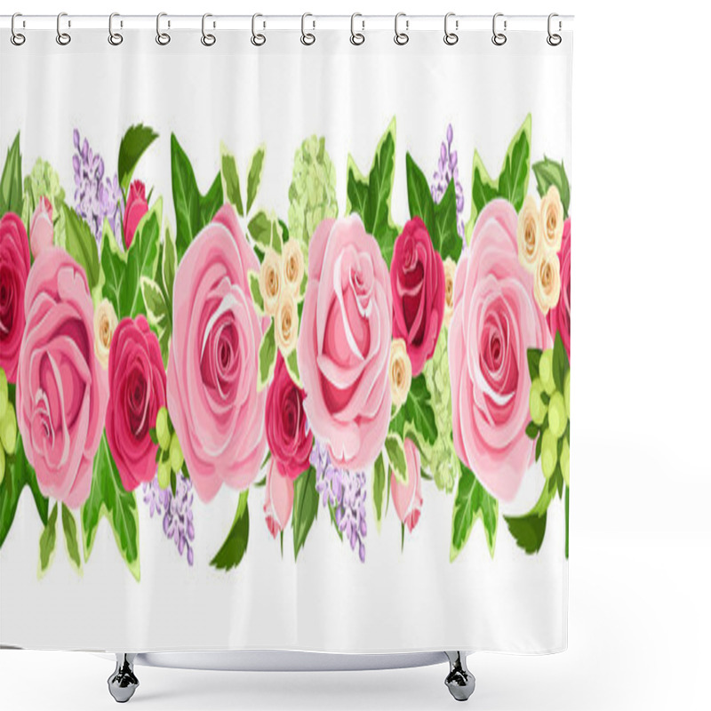 Personality  Vector Horizontal Seamless Garland With Red And Pink Roses, Lilac Flowers And Green Ivy Leaves. Shower Curtains