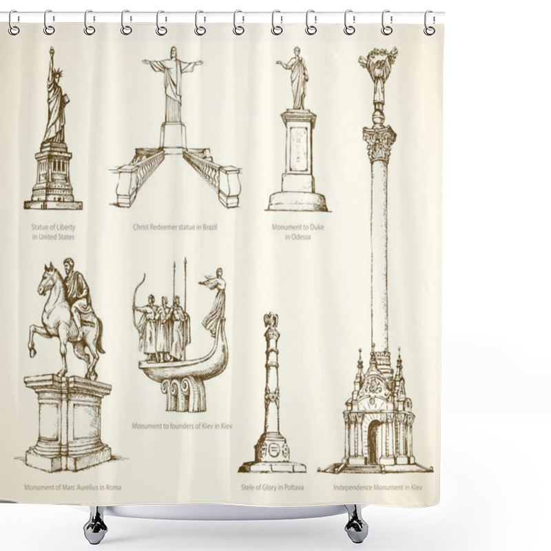 Personality  World Famous Historical Monuments. Vector Sketch Shower Curtains