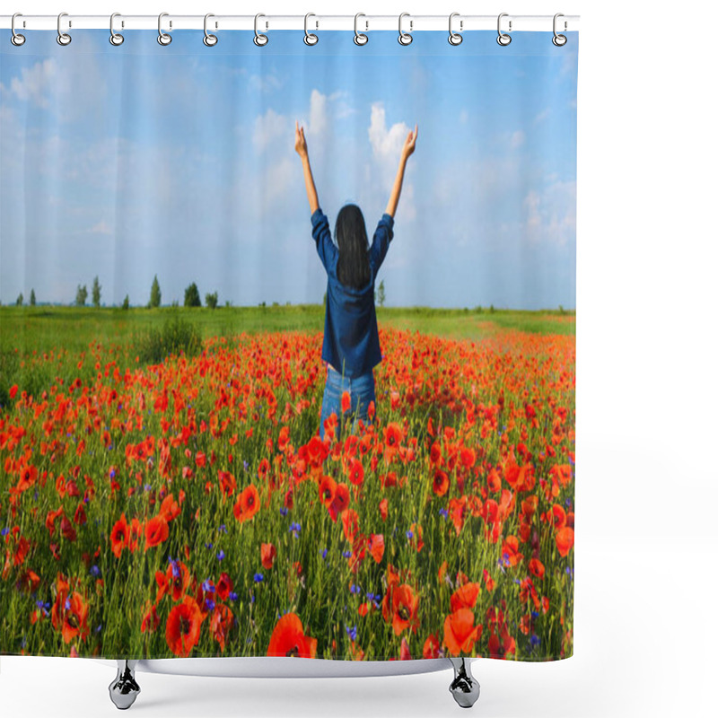 Personality  Happy Lady 59 Years Old In Blue Clothes Stands In The Field Of Poppies Turned Back. The Woman Raised Her Hands In The Sky. Summer Morning In Ukraine. Copy Space. Shower Curtains