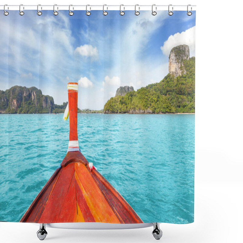 Personality  Wooden Boat And A Tropical Island In Distance. Shower Curtains