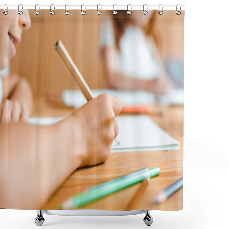 Personality  Cropped View Of Kid Drawing On Paper In Art School  Shower Curtains