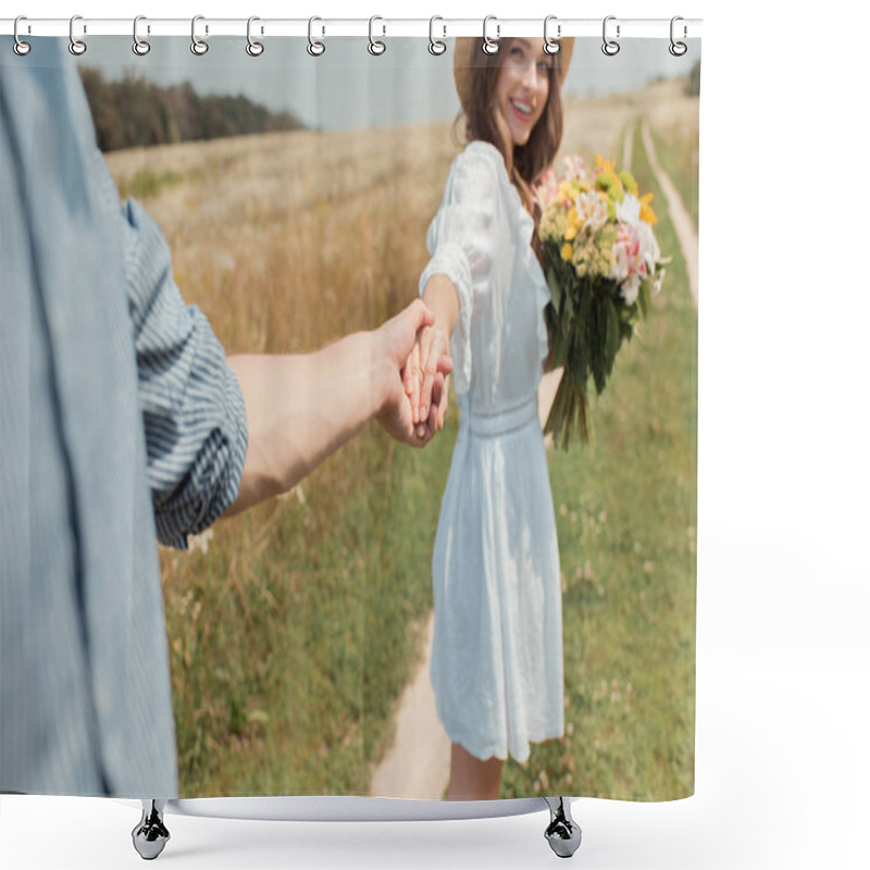 Personality  Partial View Of Smiling Woman With Bouquet Of Wild Flowers And Boyfriend Holding Hands In Field Shower Curtains