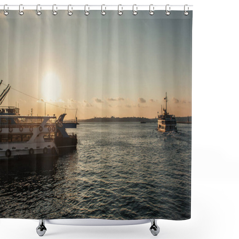 Personality  Ships In Sea With Sunset Sky At Background, Istanbul, Turkey  Shower Curtains