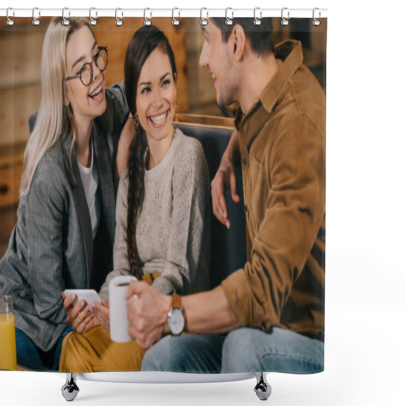 Personality  Cheerful Group Of Friends Smiling While Sitting In Cafe Shower Curtains