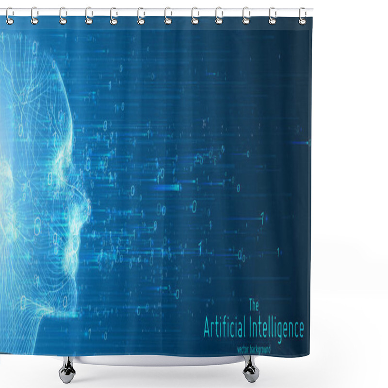 Personality  Human Big Data Visualization. Futuristic Artificial Intelligence Concept. Cyber Mind Aesthetic Design. Machine Learning. Complex Data Threads In Form Of Head Side View And Binary Data Shower Curtains