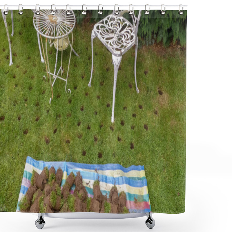 Personality  Landscape Image Of A Garden Lawn Prepared For Autumn Flower Bulb Planting With Random Holes Dotted Around A Furniture Set. Colourful Striped Sheet With Earth And Grass Plugs Awaiting Replacement.  Shower Curtains