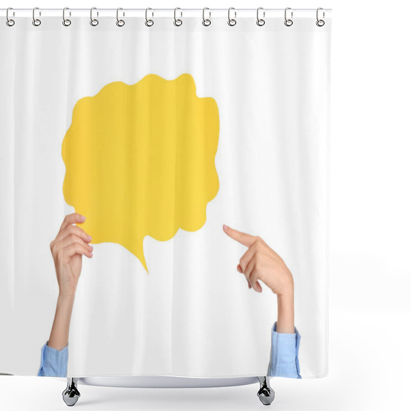 Personality  Female Hands With Blank Speech Bubble On White Background Shower Curtains