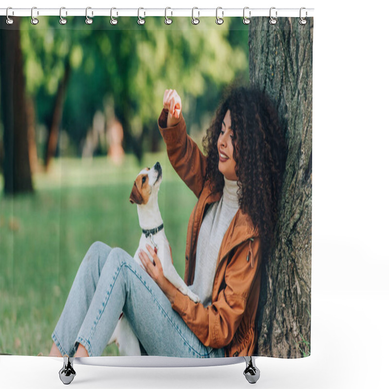 Personality  Young Curly Woman In Raincoat Playing With Jack Russell Terrier Near Tree In Park  Shower Curtains