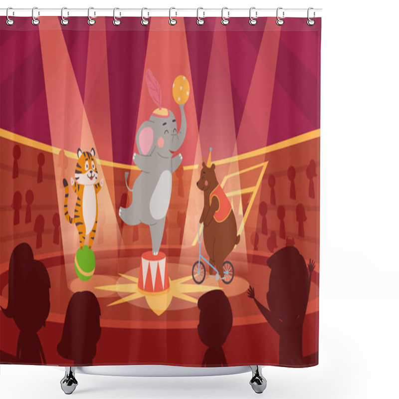 Personality  Tiger On A Ball, Bear On A Bicycle, Elephant Holding A Ball. Cartoon Circus Animals Vector Illustration. Carnival Entertainment With Wild Animal Acrobat Performing Tricks On Stage Shower Curtains