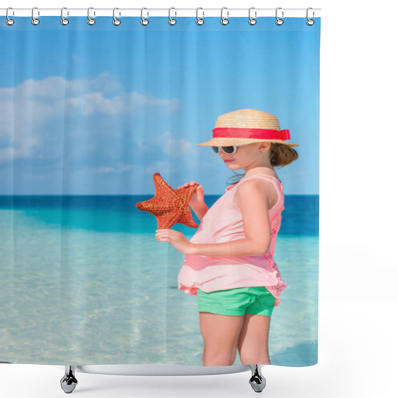 Personality  Adorable Little Girl With Starfish On White Empty Beach Shower Curtains