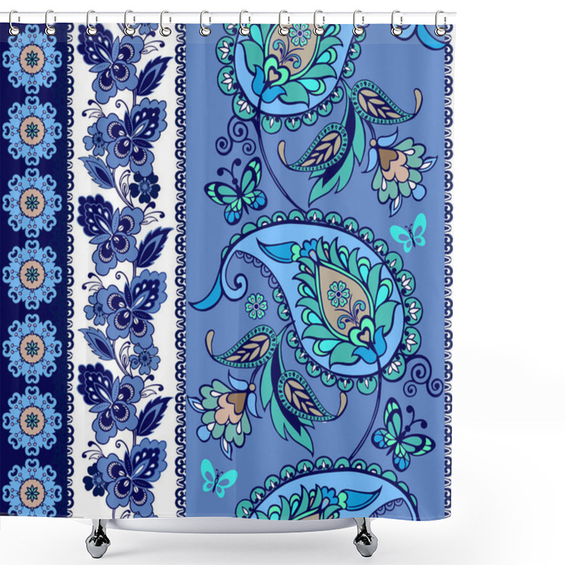 Personality  Set Of Oriental Borders With Paisley In Blue. Set Of Lace Bohemian Seamless Borders. Stripes With Blue Floral Motifs. Decorative Ornament Backdrop For Fabric, Textile, Wrapping Paper.  Shower Curtains