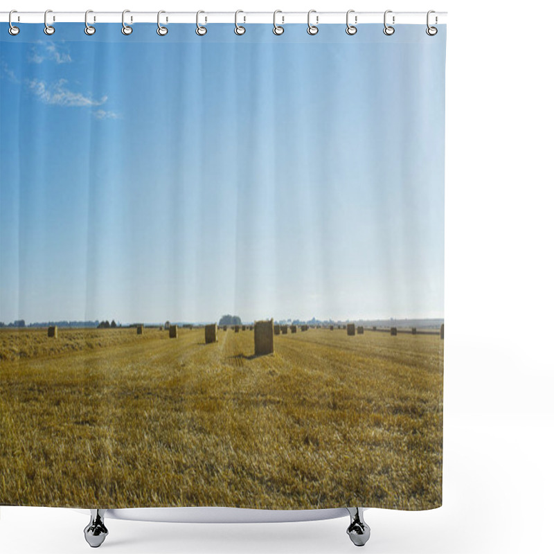 Personality  Yellow Wheat Field With Straw Bales After Harvesting On A Sunny Day In Normandy, France. Country Landscape, Agricultural Fields In Summer. Environment Friendly Farming, Industrial Agriculture Concept. Shower Curtains