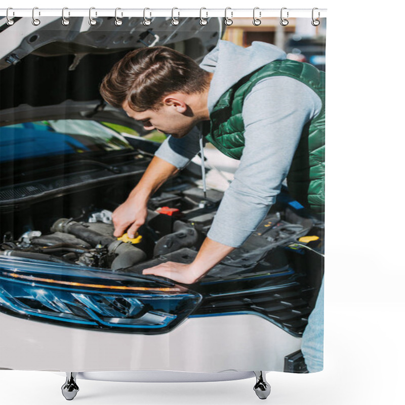 Personality  Young Man Fixing Broken Car On Street Shower Curtains