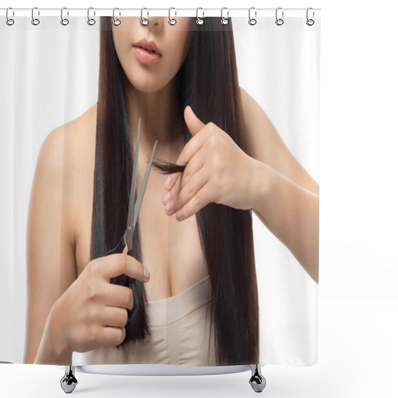 Personality  Partial View Of Asian Woman Cutting Hair With Scissors Isolated On White, Damaged Hair And Split Ends Concept Shower Curtains