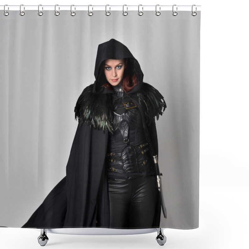 Personality  Close Up Fantasy Portrait Of A Woman With Red Hair Wearing Dark Leather Assassin Costume With Long Black Cloak.  Isolated Against A Studio Background. Shower Curtains