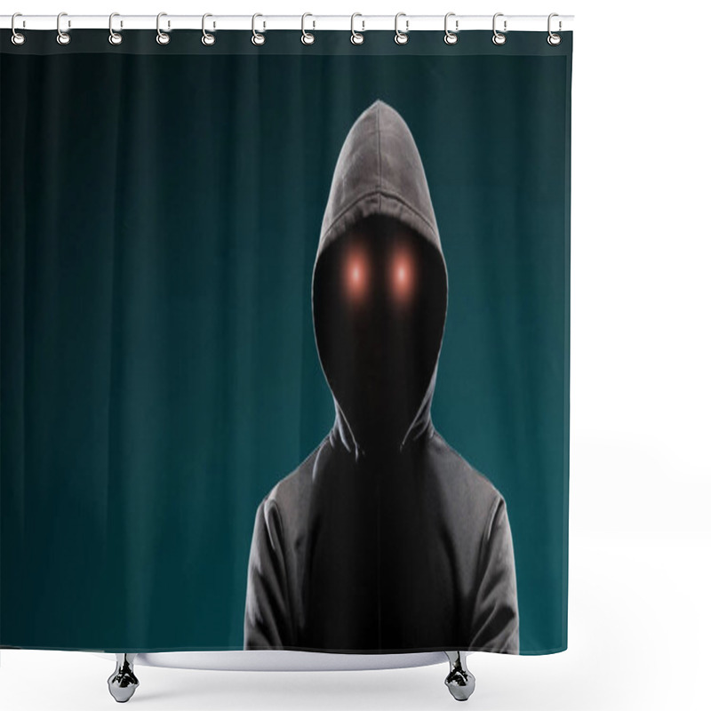 Personality  Portrait Of Computer Hacker In Hoodie. Obscured Dark Face. Data Thief, Internet Fraud, Darknet And Cyber Security Concept. Shower Curtains