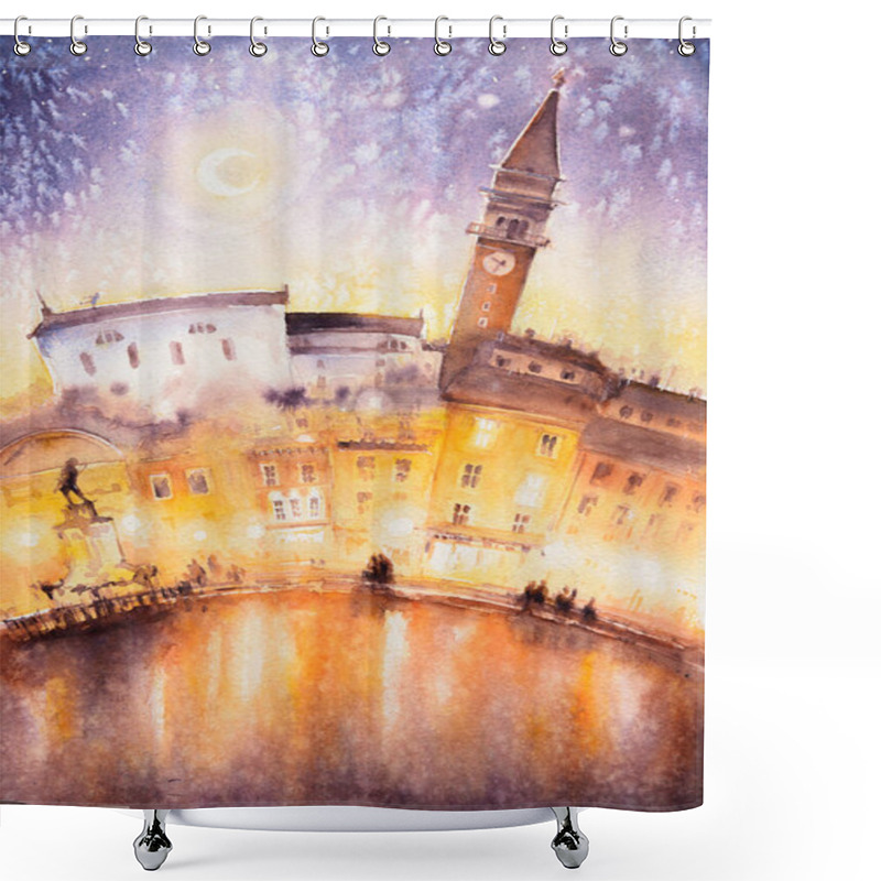 Personality  View Of The City Of Piran At Night, Slovenia And The Adriatic Sea. Picture Created With Watercolors. Shower Curtains