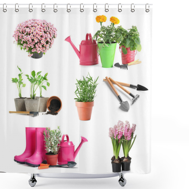 Personality  Set With Different Gardening Tools And Plants On White Background  Shower Curtains