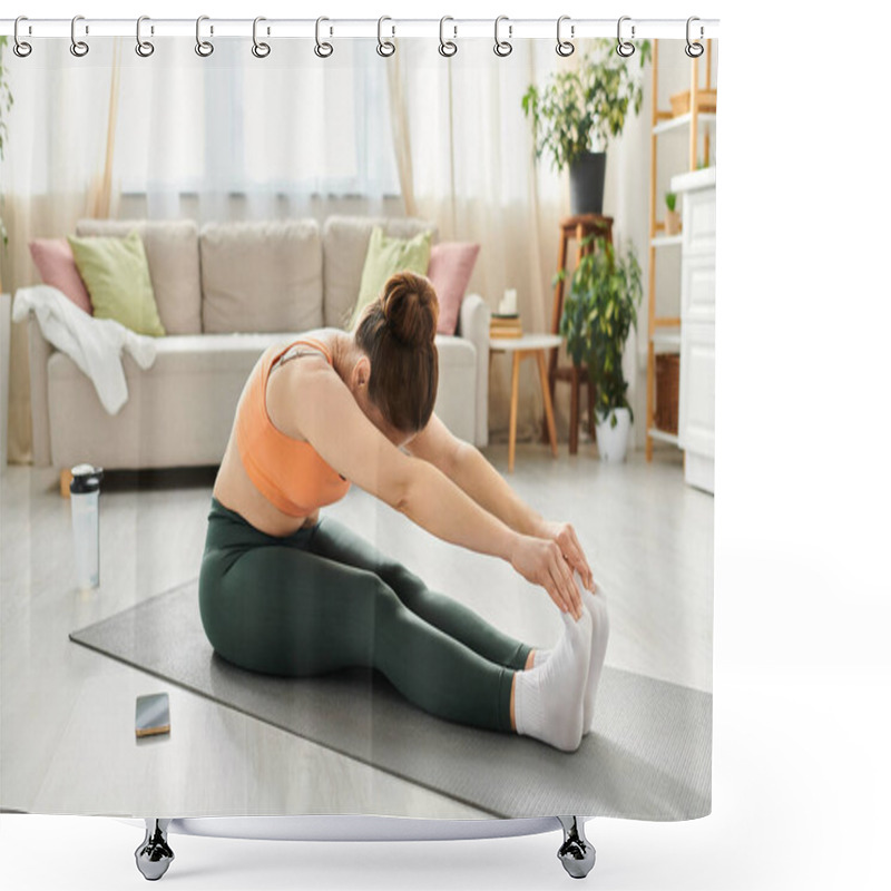 Personality  Middle-aged Woman Gracefully Practices Yoga In Her Cozy Living Room. Shower Curtains