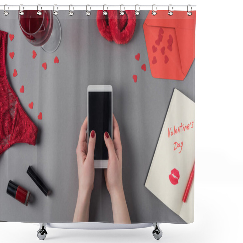 Personality  Cropped Image Of Woman Holding Smartphone In Hands, Notebook With Words Valentines Day Shower Curtains