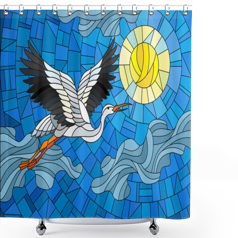 Personality  Illustration In Stained Glass Style Stork On The Background Of Sky, Sun And Clouds Shower Curtains