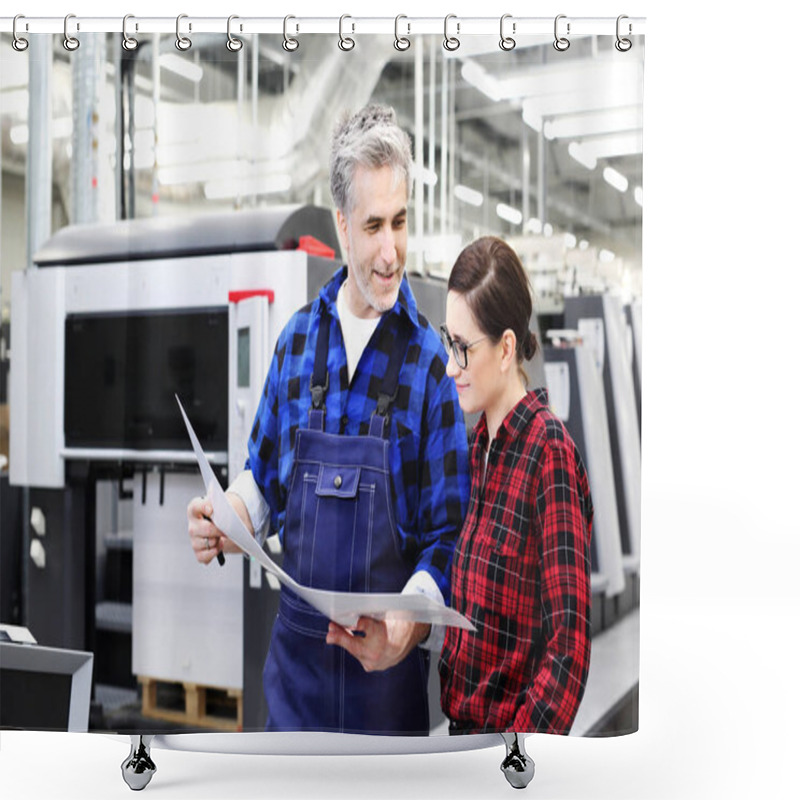 Personality  Printing House. A Woman And A Man Are Watching The Printout Shower Curtains