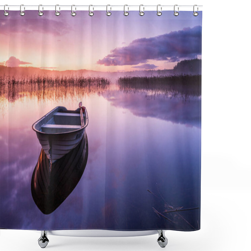 Personality  A Tranquil Dawn With A Rowboat Reflecting Off The Lakes Serene Surface, Surrounded By Beauty Of Nature And A Pink Sky. Shower Curtains