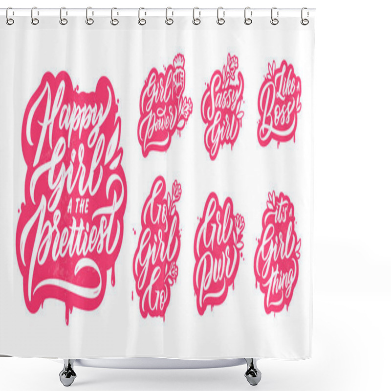 Personality  Girl Power Phrases Calligraphic Inscriptions Bundle. Like Boss, Sassy Girl, Grl Pwr Letterings. Feminist Quotes Stickers On Pink Splashes Background. Strong Woman Fashion Handlettered Cliparts Shower Curtains