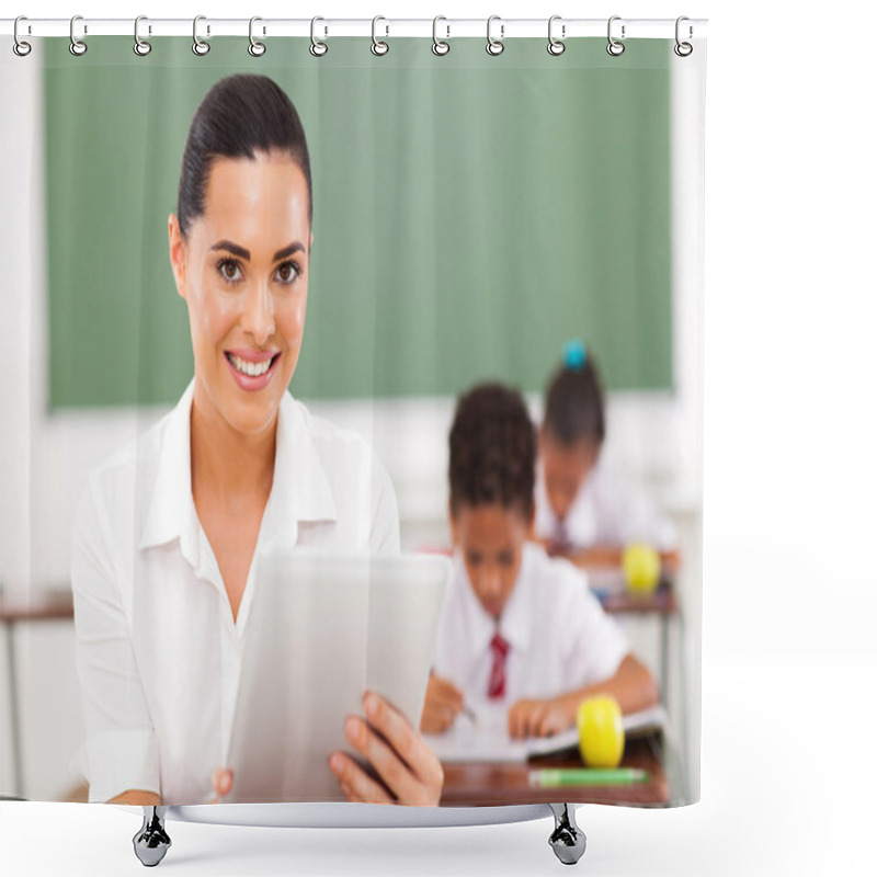 Personality  School Teacher Using Tablet Computer In Classroom Shower Curtains