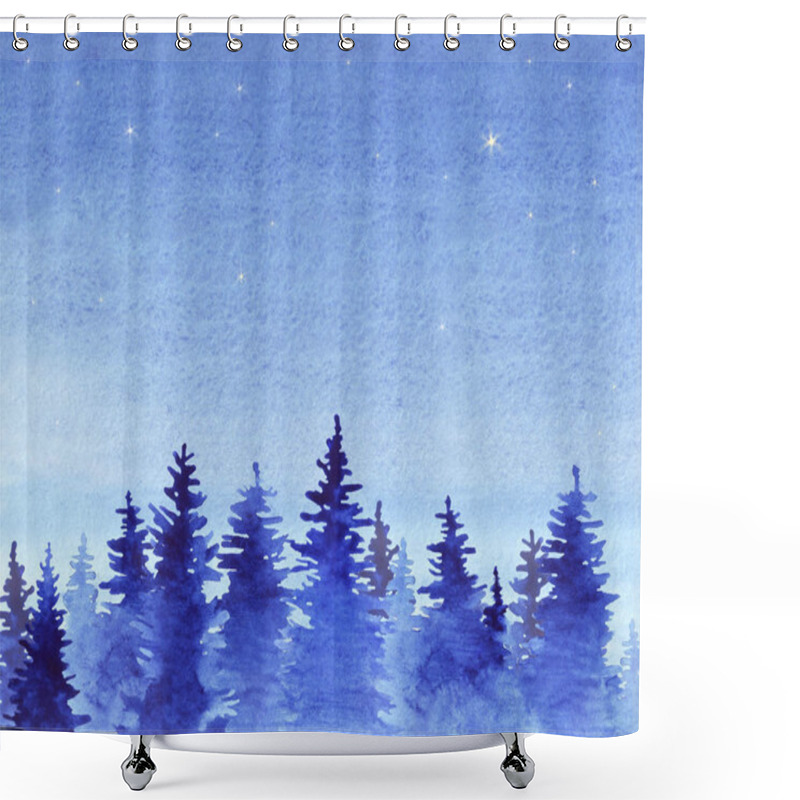 Personality  Forest In The Fog. The Hills. Starry Sky. Turquoise, Blue Sky. Hand Drawn, Watercolor Background. Horizontal. Starry Night. Trees In Haze. Tourism. Landscape. Winter. Shower Curtains