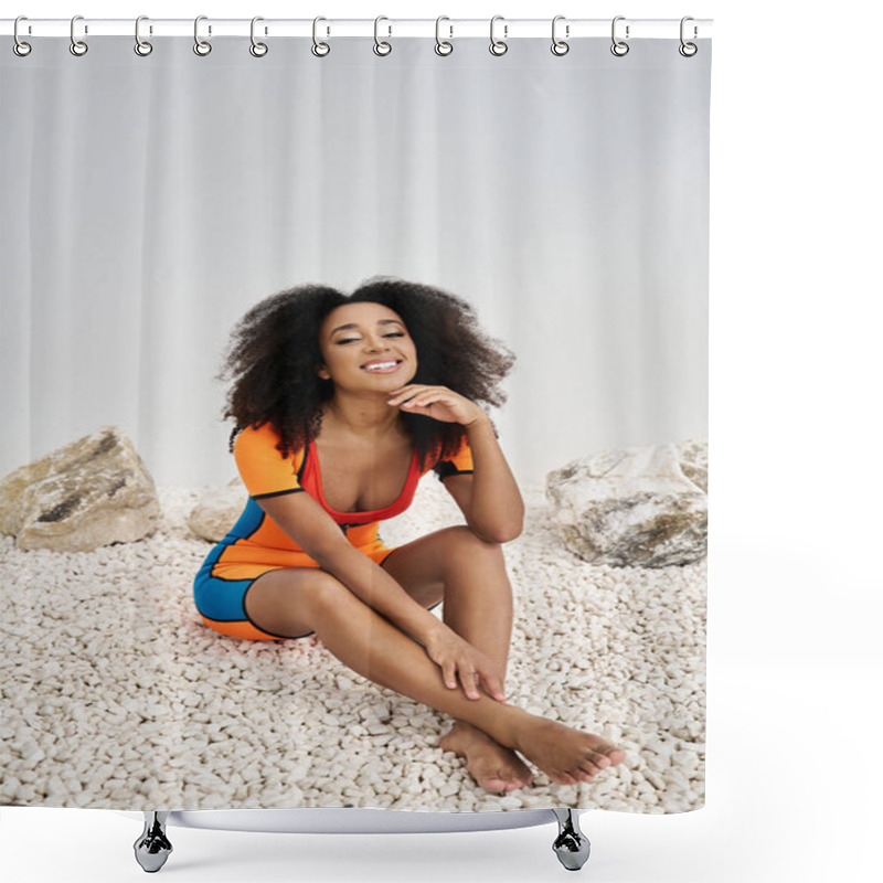 Personality  A Young Woman With Beautiful Curls Enjoys A Moment Of Tranquility, Smiling Softly While Sitting. Shower Curtains