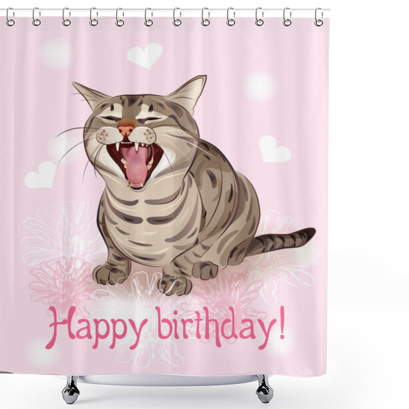 Personality  Happy Birthday Card. Funny Cat Sings Greeting Song. Pink Backg Shower Curtains