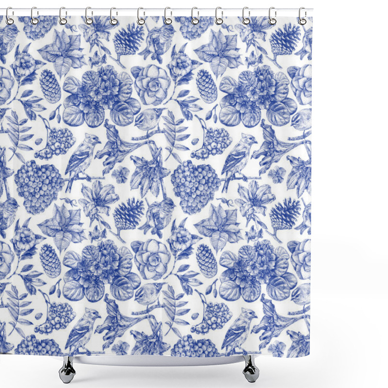 Personality  Seamless Pattern With Different Flowers, Birds And Plants Shower Curtains