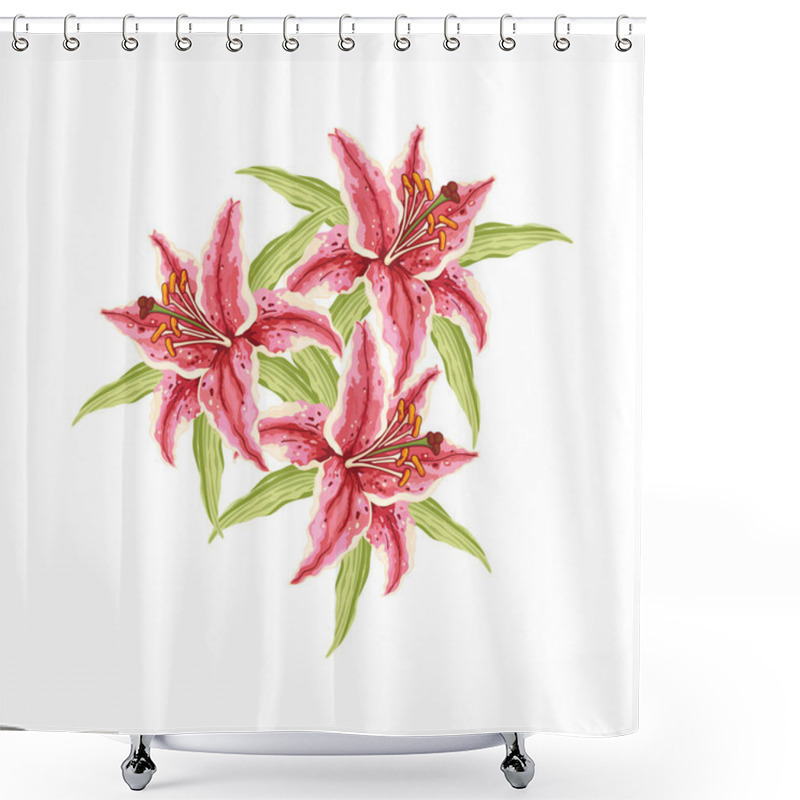 Personality  Pink-Red Lily. Three Flowers On A White Background. Hand-drawn C Shower Curtains