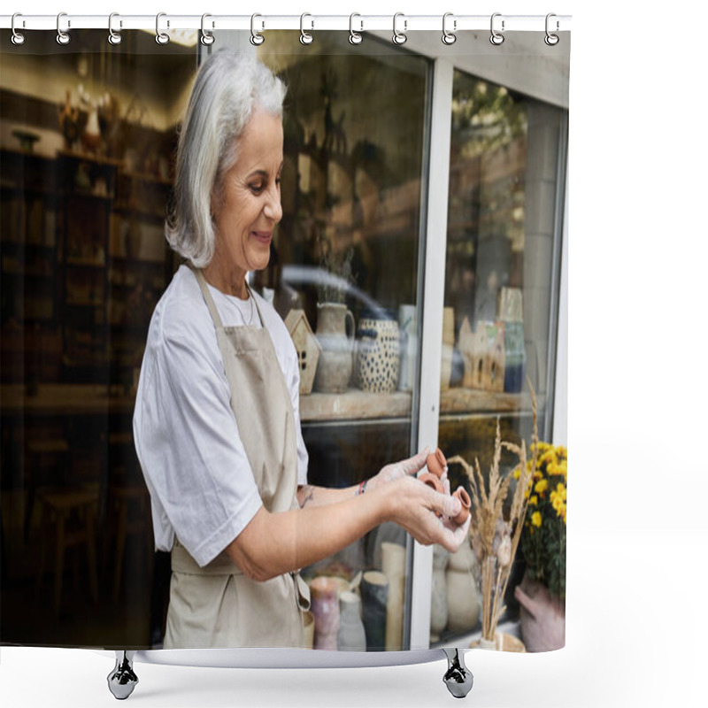 Personality  The Skilled Artisan Proudly Holds A Handmade Pottery Piece While Smiling Warmly. Shower Curtains