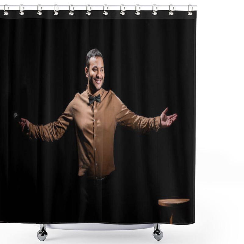 Personality  Happy Middle East Comedian Gesturing And Holding Microphone On Black  Shower Curtains