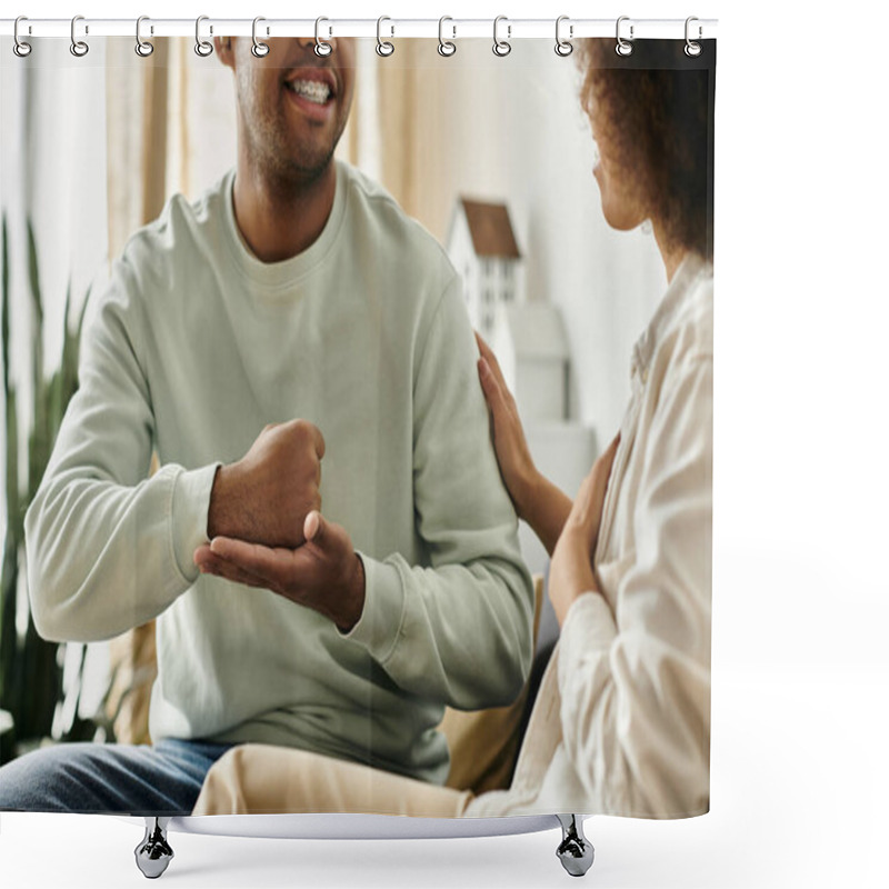 Personality  A Couple In Love, Using Sign Language To Communicate At Home, Showcasing The Beauty Of Nonverbal Expression. Shower Curtains