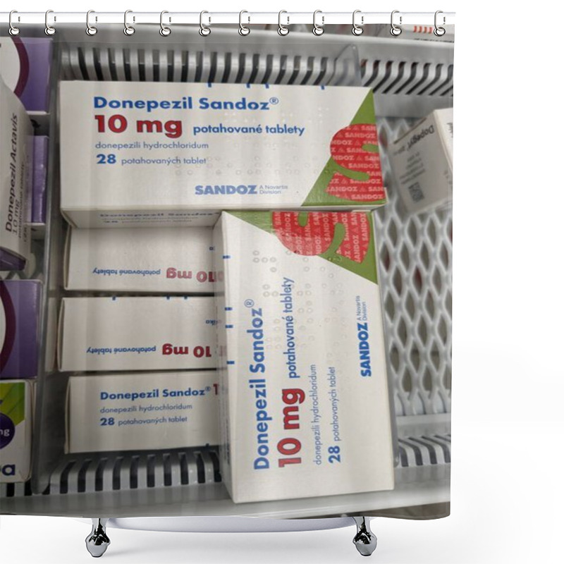 Personality  Prague, Czech Republic - July 10 2024: DONEPEZIL SANDOZ Box Of Medication With DONEPEZIL Active Substance By SANDOZ, Used For Treatment Of Alzheimer's Disease And Dementia. Shower Curtains