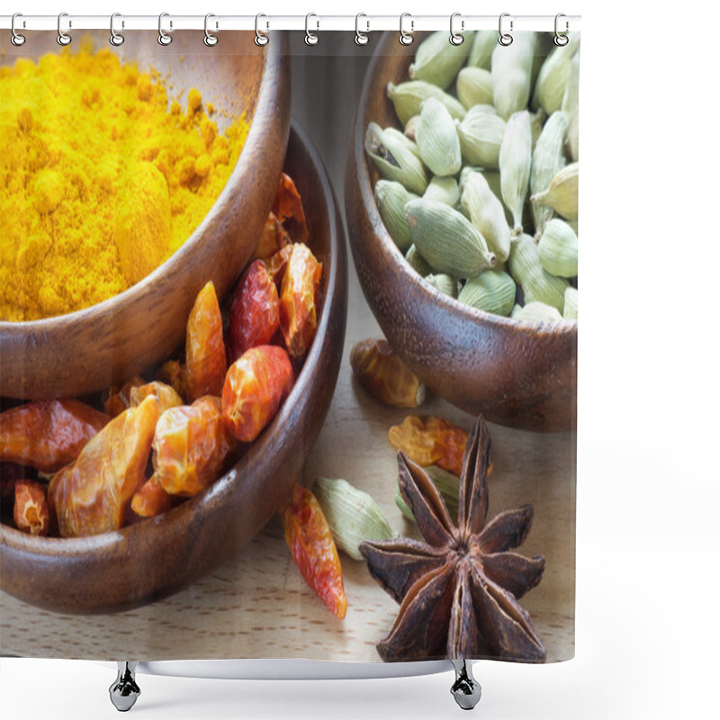 Personality  Exotic Spices In Wooden Bowls, Close Up Shower Curtains