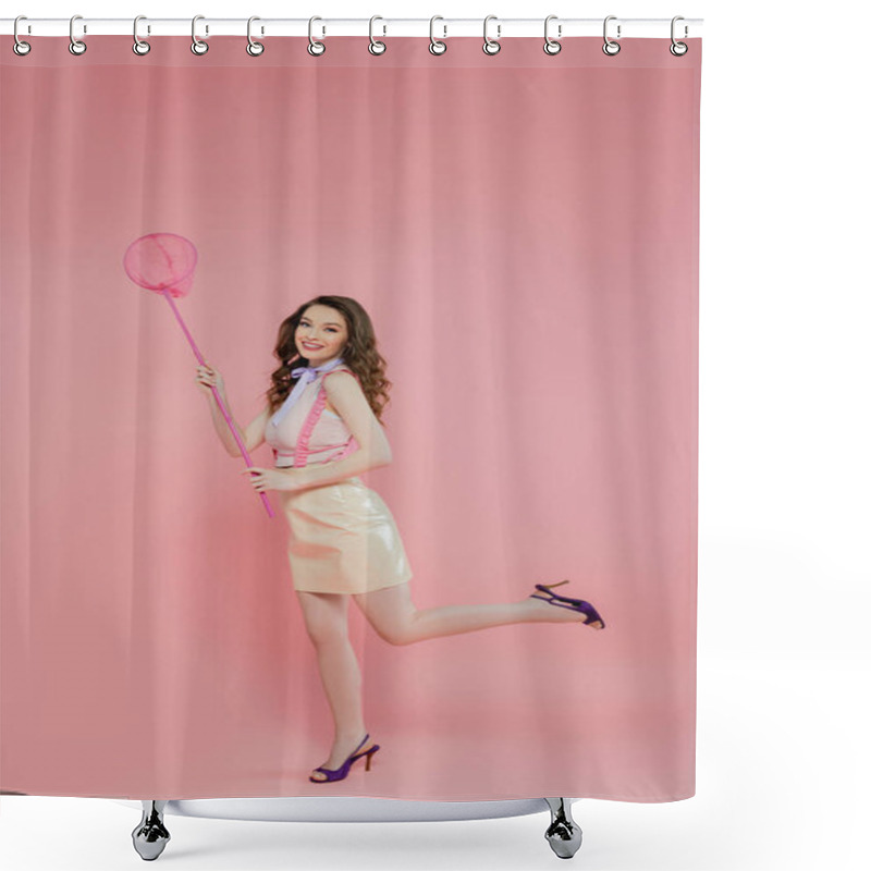 Personality  Fashion Photography, Cheerful And Young Woman Holding Net On Pink Background, Posing Like A Doll, Smiling And Looking At Camera, Positivity And Lifestyle, Stylish Outfit  Shower Curtains