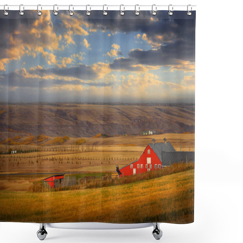 Personality  Barn In The Middle Of Prairies In Alberta Shower Curtains