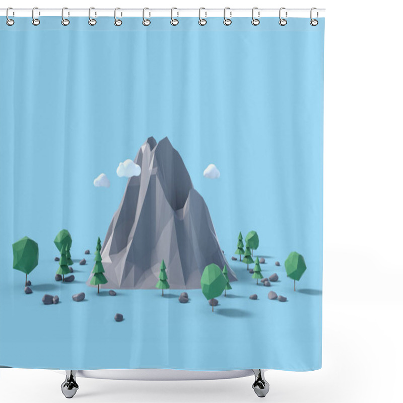 Personality  Low Poly Land Scene With Popup Trees And Rocks. Shower Curtains