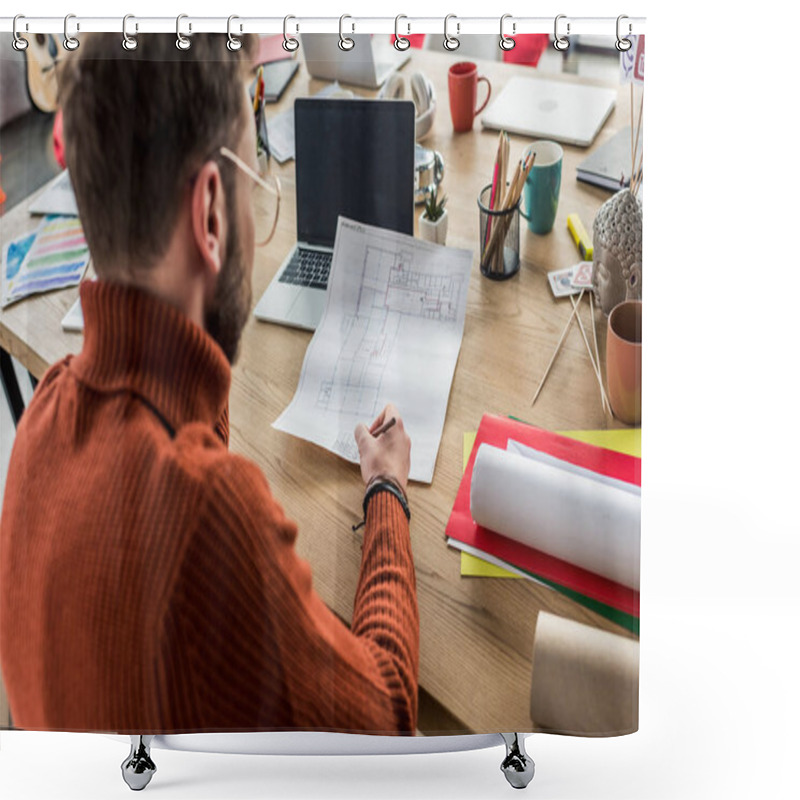 Personality  Back View Of Male Architect Sitting At Computer Desk And Working On Blueprints In Loft Office Shower Curtains