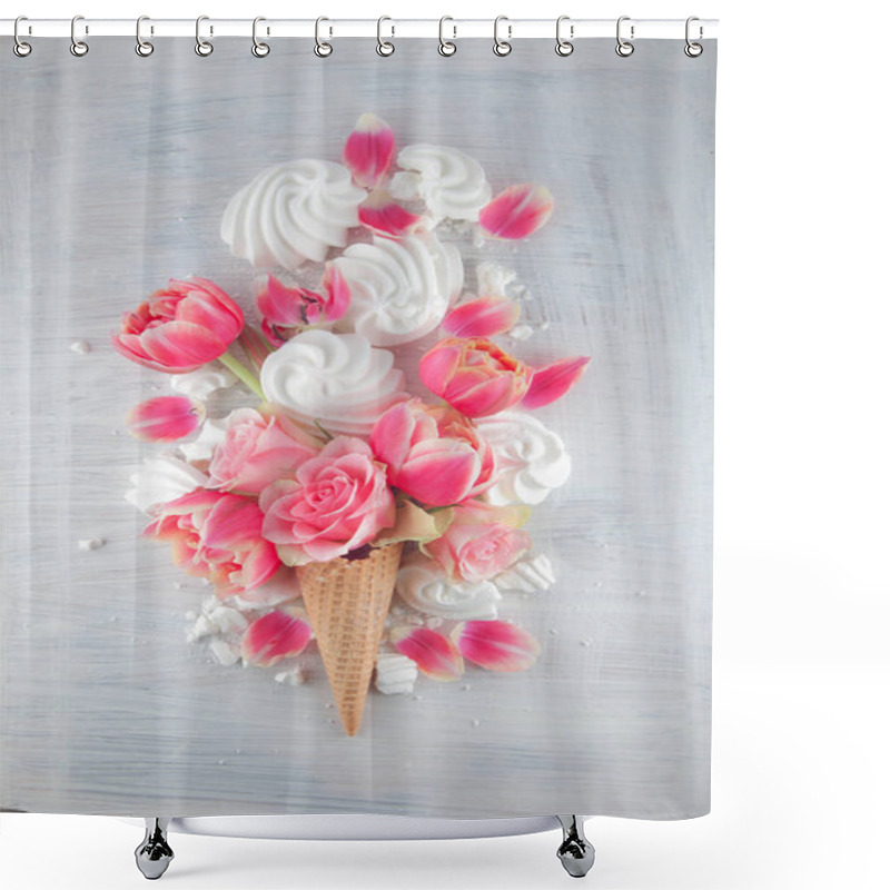 Personality  Flatlay Waffle Sweet Ice Cream Cone With Pink Tulips And Roses Blossom Flowers Over White Wood Background, Top View. Spring Or Summer Mood Concept. Shower Curtains