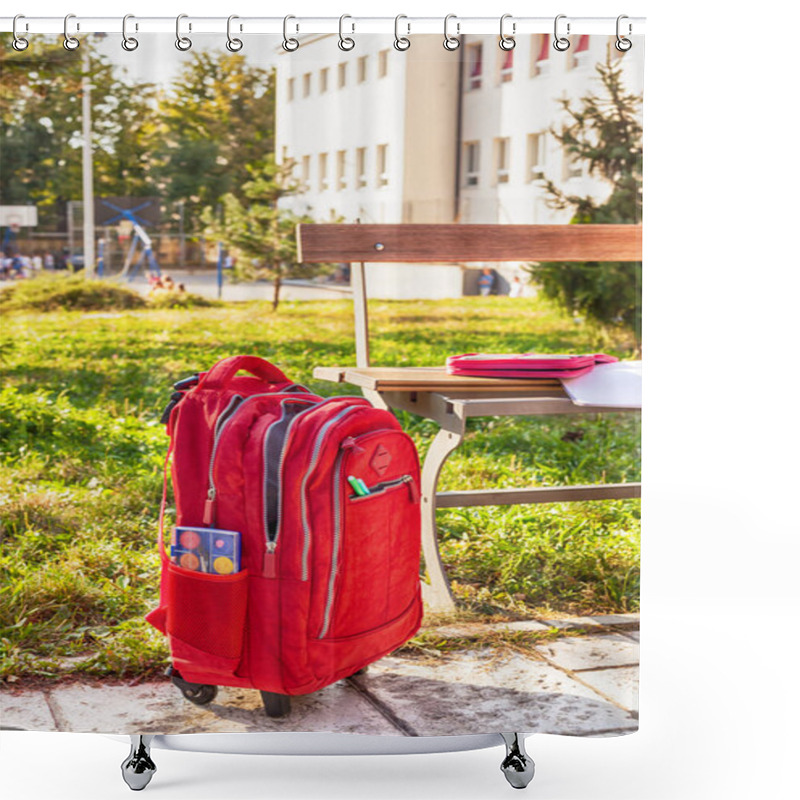 Personality  Modern Red Weightless School Bag By The Bench On The Schoolyard Shower Curtains