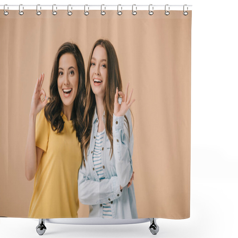 Personality  Attractive And Smiling Friends Showing Okay Isolated On Beige  Shower Curtains