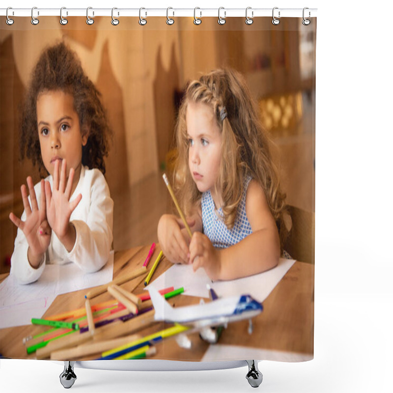 Personality  African American Kid Showing Number Nine With Fingers In Kindergarten Shower Curtains