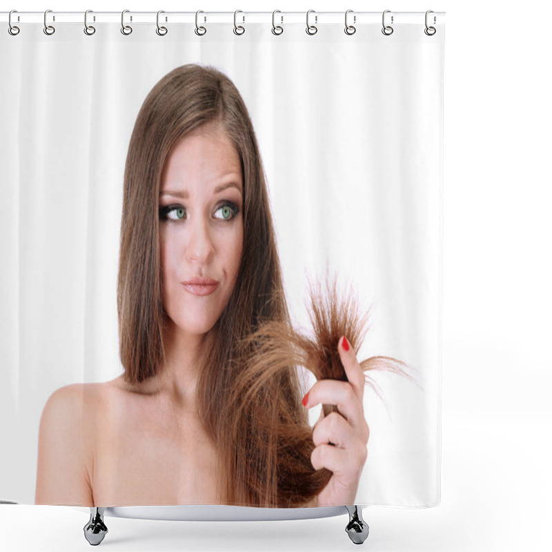 Personality  Beautiful Woman Holding Split Ends Of Her Long Hair, Isolated On White Shower Curtains