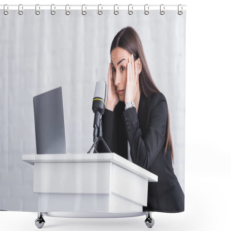 Personality  Frightened Lecturer Standing On Podium Tribune And Holding Hands Near Head Shower Curtains